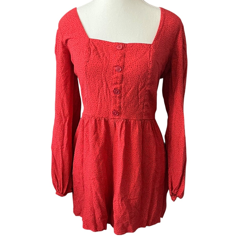 Express Womens Red Polka Dot Long Sleeve Button Front Romper - Medium